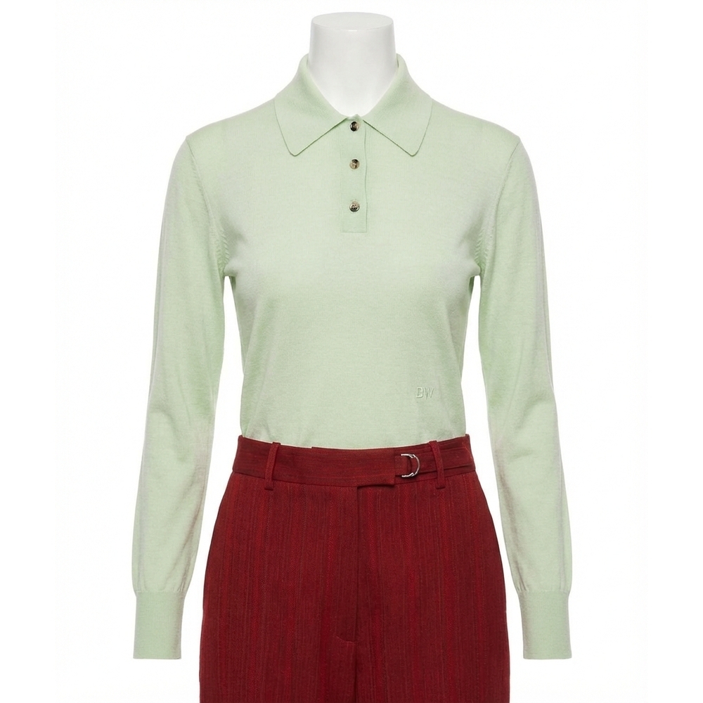 NEW BOTTEGA VENETA fine cashmere crop polo embroidery shirt in aquamarine